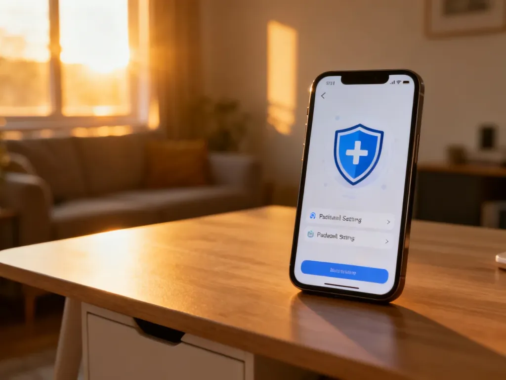 Ekran iPhone'a z ikoną tarczy symbolizującą bezpieczeństwo cyfrowe i ustawienia kontroli rodzicielskiej.