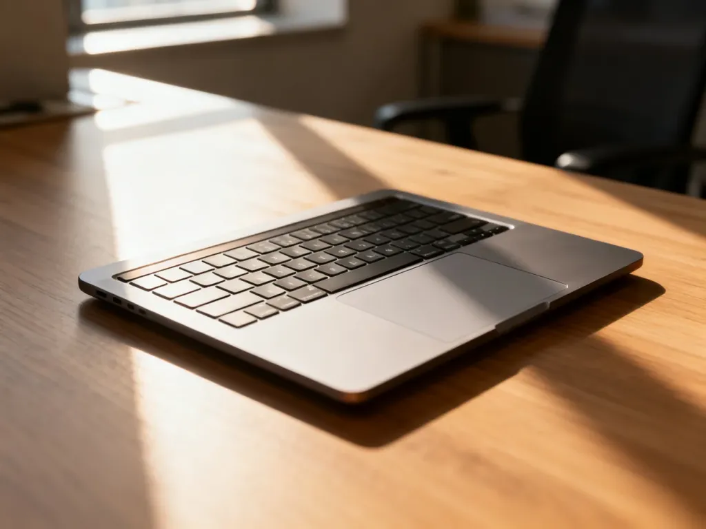 Nowoczesny laptop na drewnianym biurku w słonecznym biurze, gotowy do pracy.