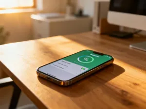 Nowoczesny smartfon na drewnianym biurku w świetle poranka, symbolizujący upływ czasu i wsparcie techniczne urządzenia.