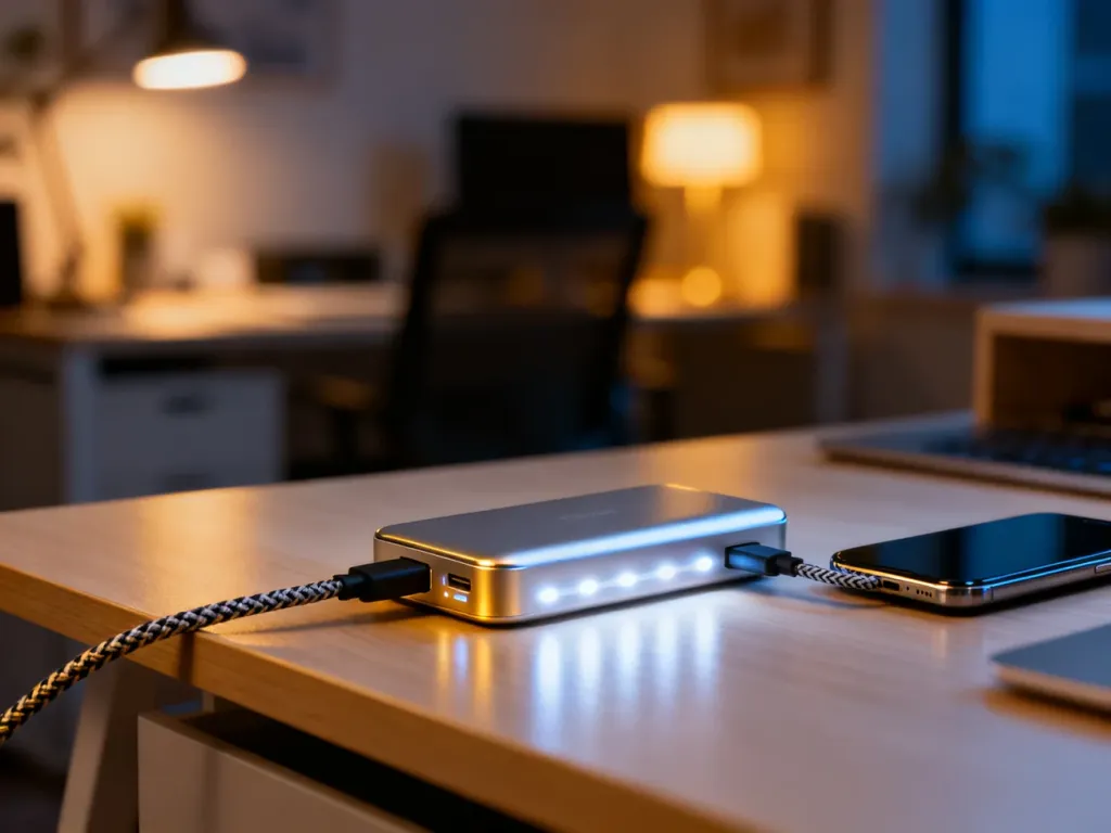 Nowoczesny powerbank podłączony do smartfona na drewnianym biurku, ilustrujący proces ładowania urządzenia mobilnego.