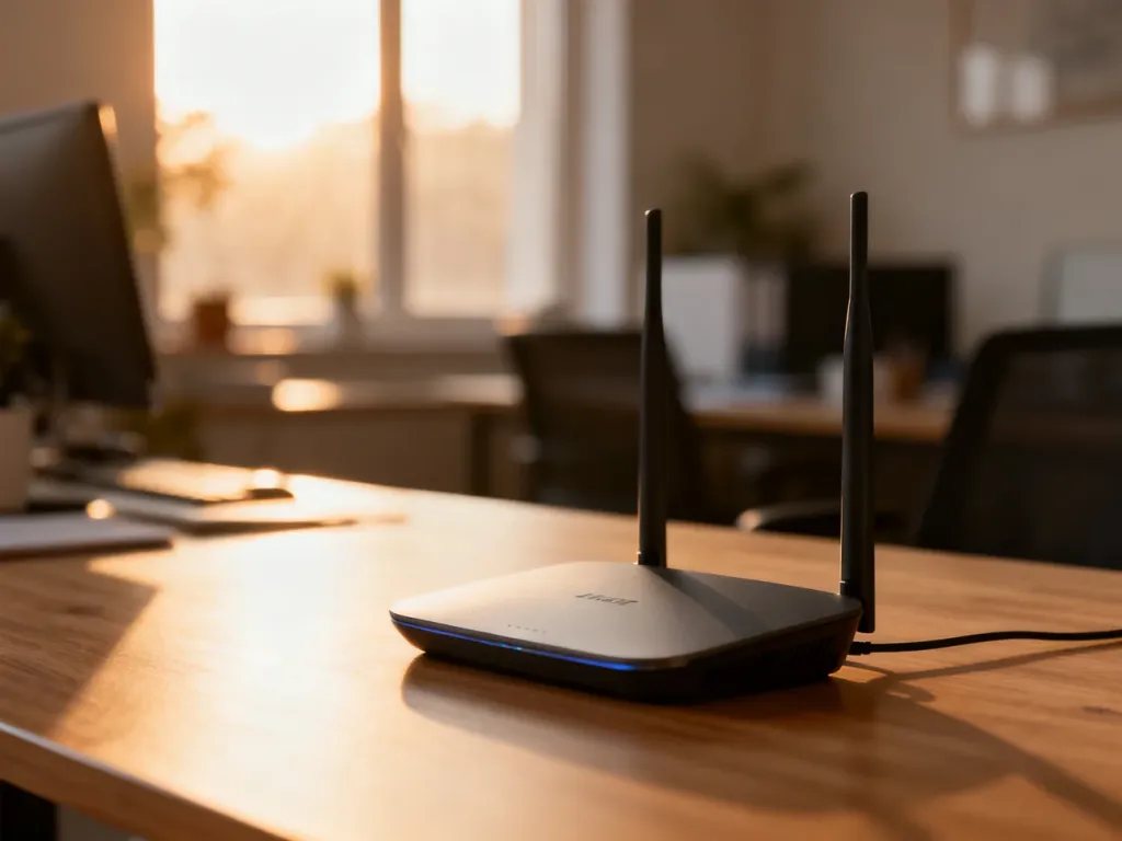 Nowoczesny router bezprzewodowy na biurku w słonecznym biurze, symbolizujący stabilne połączenie z siecią.