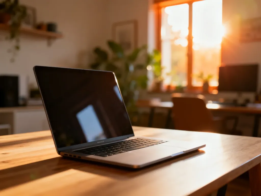 Nowoczesny laptop na minimalistycznym drewnianym biurku w słonecznym domowym biurze, sprzyjającym wydajnej pracy.
