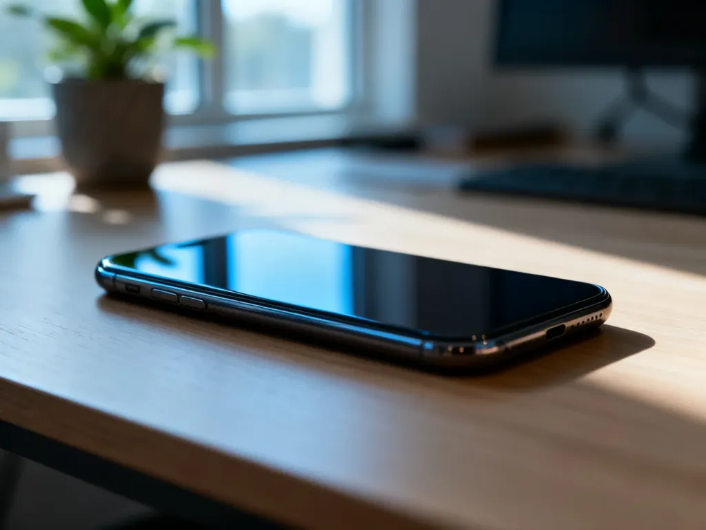 Nowoczesny smartfon z wygaszonym ekranem leżący na drewnianym biurku, gotowy do wyłączenia.