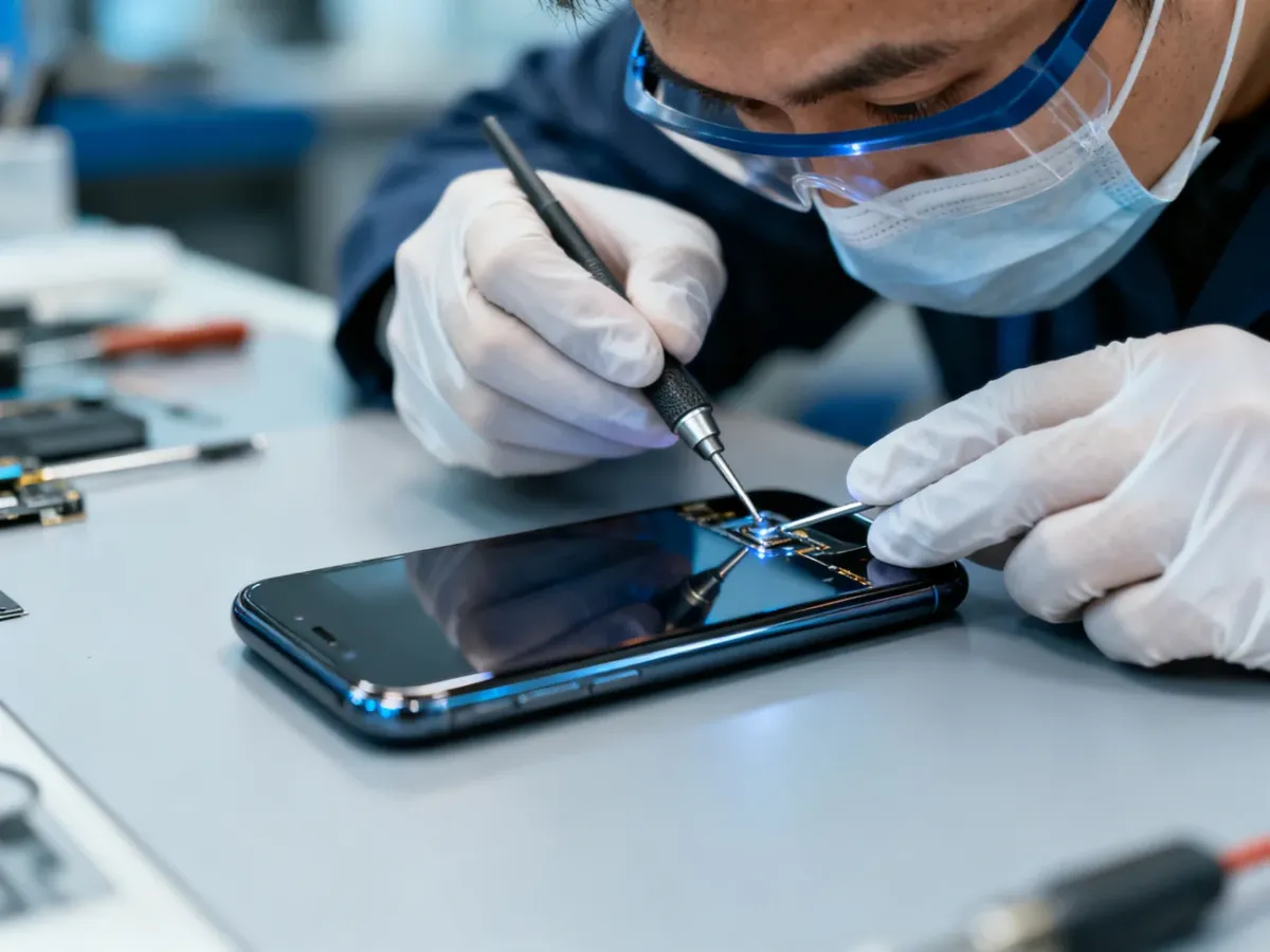 Technik sprawdza niesprawny smartfon na stanowisku serwisowym