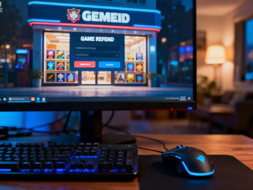 Ekran komputera z widocznym interfejsem zwrotu gry na platformie Steam, ustawiony na biurku z podświetlaną klawiaturą.