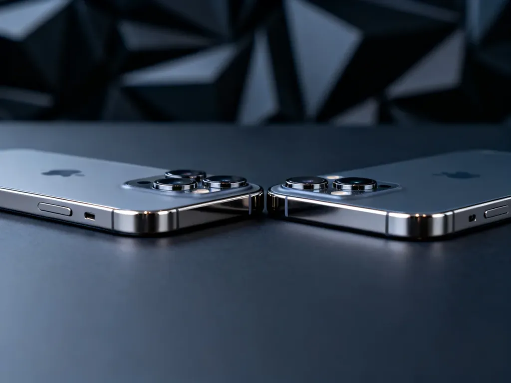 Dwa nowoczesne smartfony iPhone z tytanowymi obudowami zestawione obok siebie na ciemnym, minimalistycznym tle.