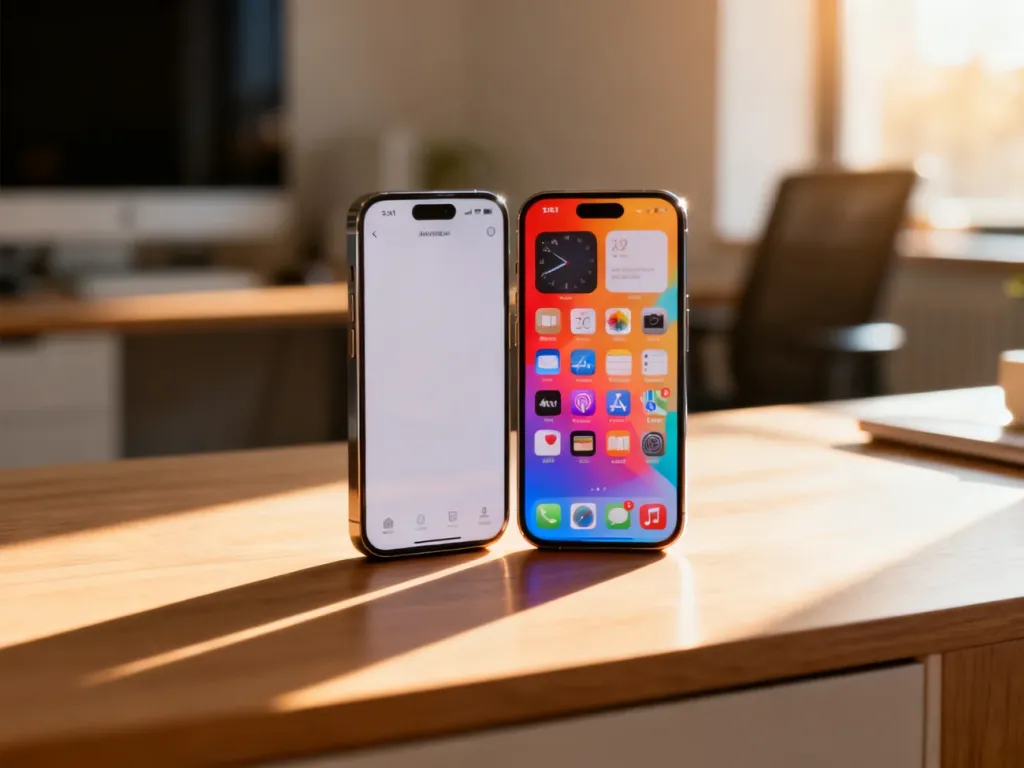 Dwa nowoczesne smartfony z systemami iOS i Android leżące obok siebie na drewnianym biurku w świetle poranka.