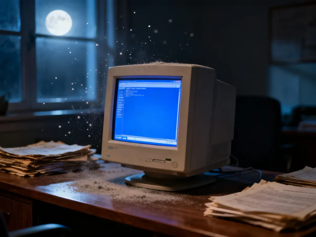 Stary monitor komputerowy z niebieskim interfejsem systemu, symbolizujący zakończenie wsparcia dla systemu Windows 7.