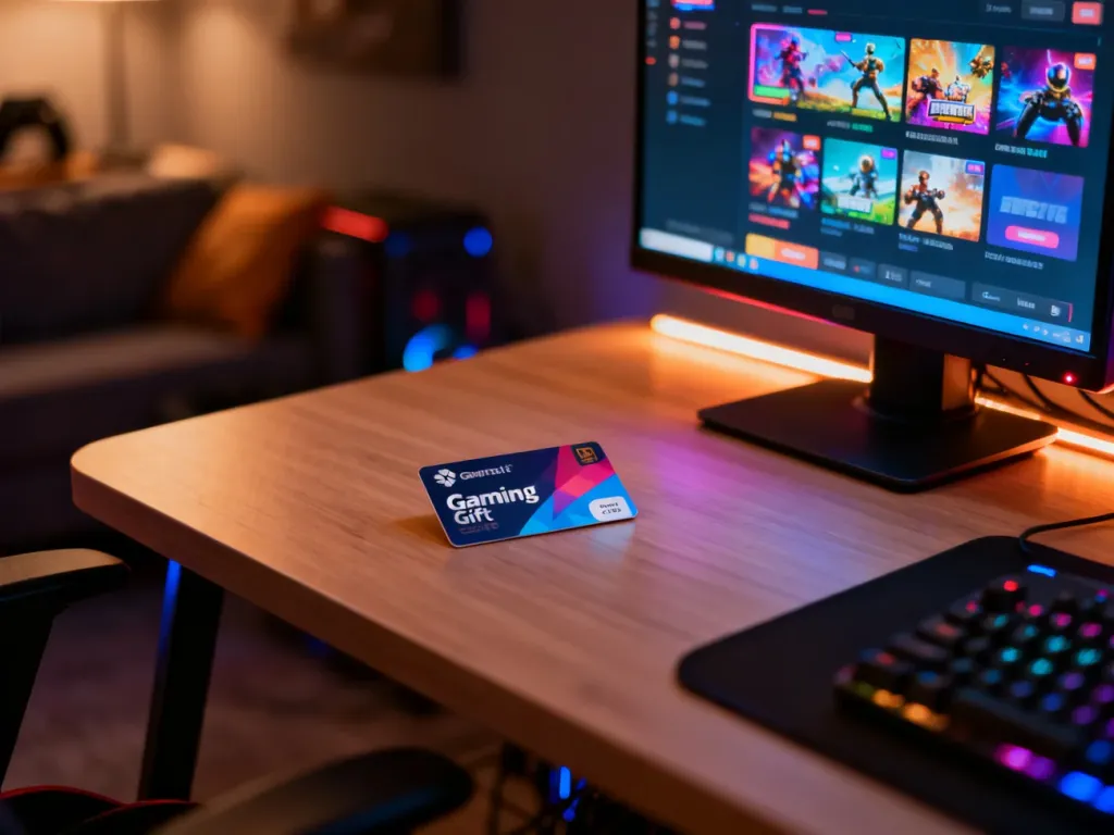 Cyfrowa karta podarunkowa Steam leżąca na biurku w przytulnym pokoju gracza z podświetlanym monitorem w tle.
