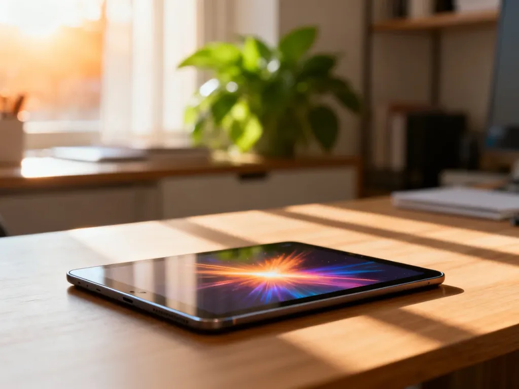 Nowoczesny tablet z kolorową tapetą na ekranie, leżący na minimalistycznym drewnianym biurku w słonecznym domowym biurze.