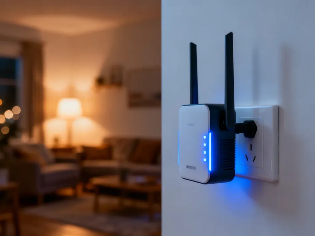 Nowoczesny wzmacniacz sygnału Wi-Fi podłączony do gniazdka elektrycznego w przytulnym salonie.