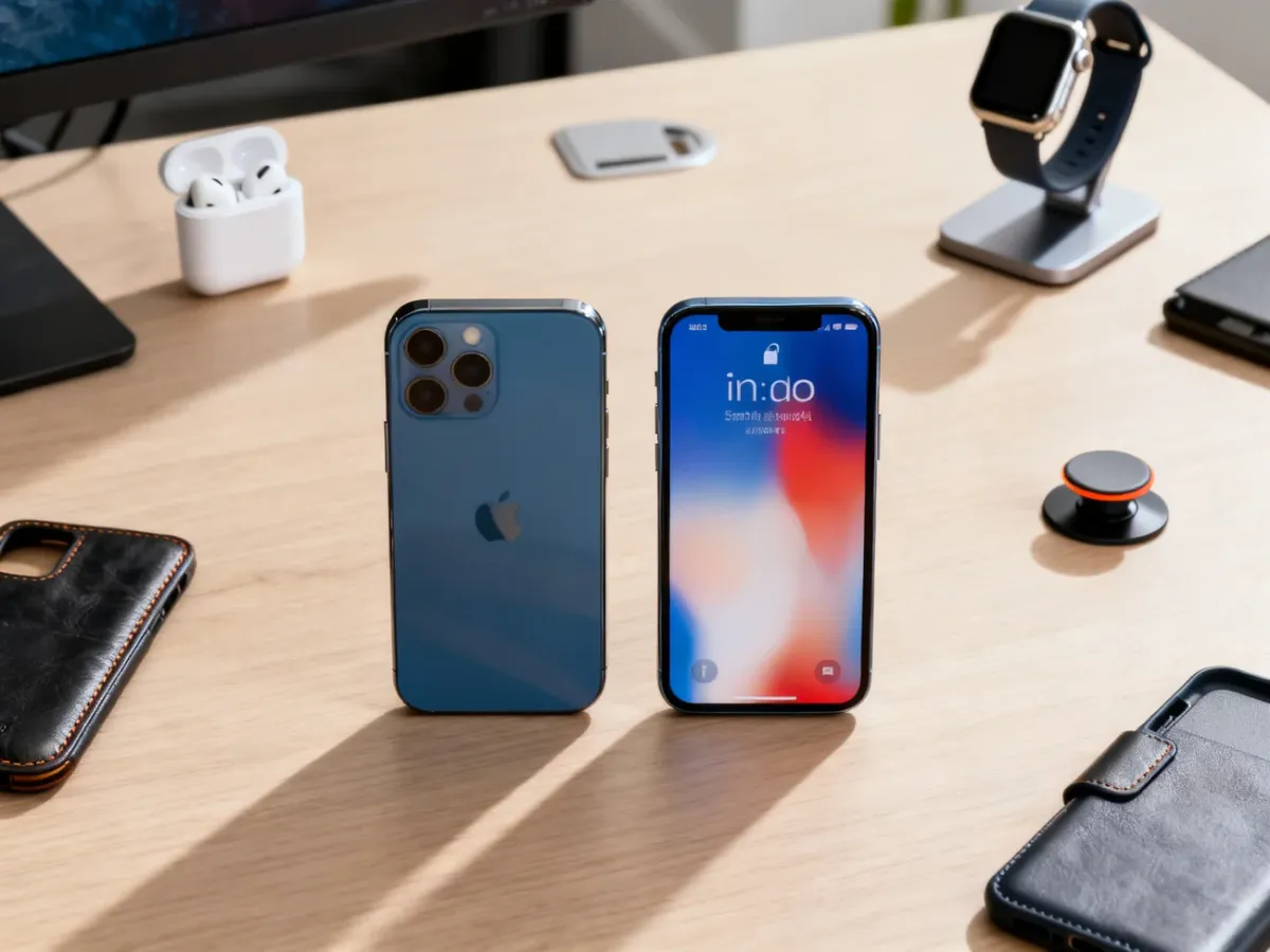 iPhone i smartfon z Androidem zestawione obok siebie z akcesoriami technologicznymi