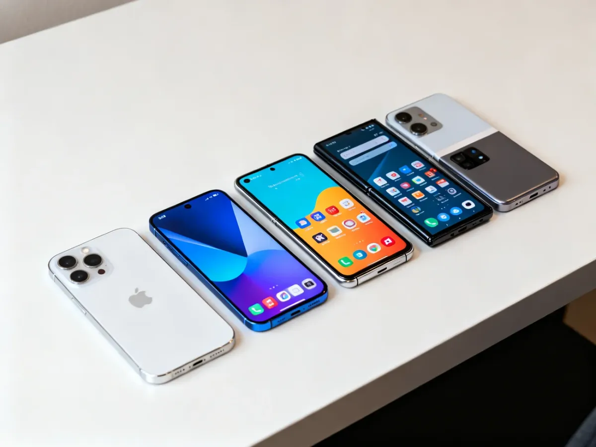 iPhone i różne modele telefonów z Androidem symbolizujące odmienne możliwości i personalizację