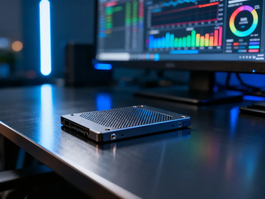 Nowoczesny dysk SSD leżący na biurku na tle monitora z wykresami wydajności w programie diagnostycznym.