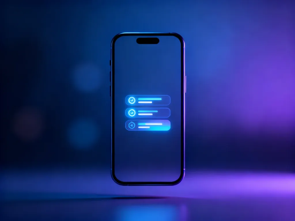 Futurystyczny smartfon z abstrakcyjnym interfejsem, symbolizujący nowoczesne aktualizacje oprogramowania iOS.