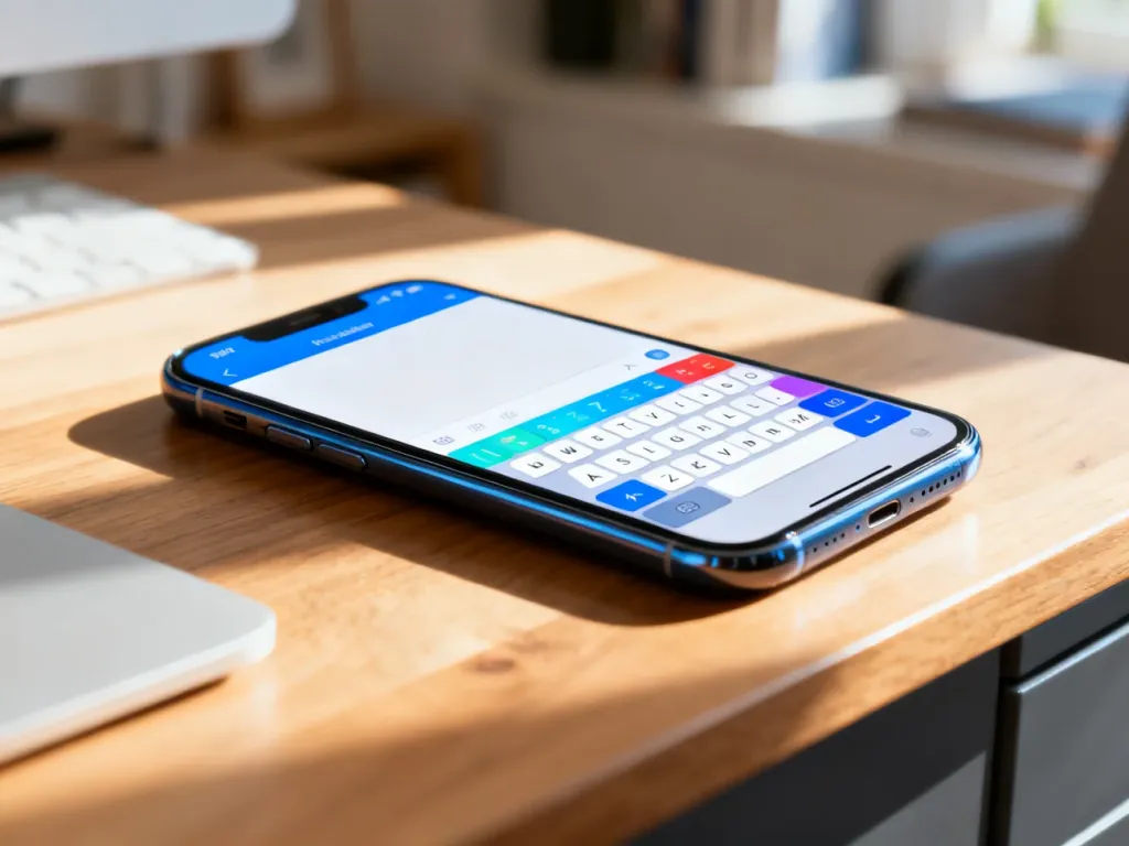Nowoczesny smartfon z wyświetloną klawiaturą Gboard na ekranie, umieszczony na drewnianym biurku w przytulnym biurze.