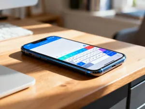 Smartfon z ikoną tarczy zabezpieczającej na ekranie, symbolizujący ochronę prywatności i cyberbezpieczeństwo.