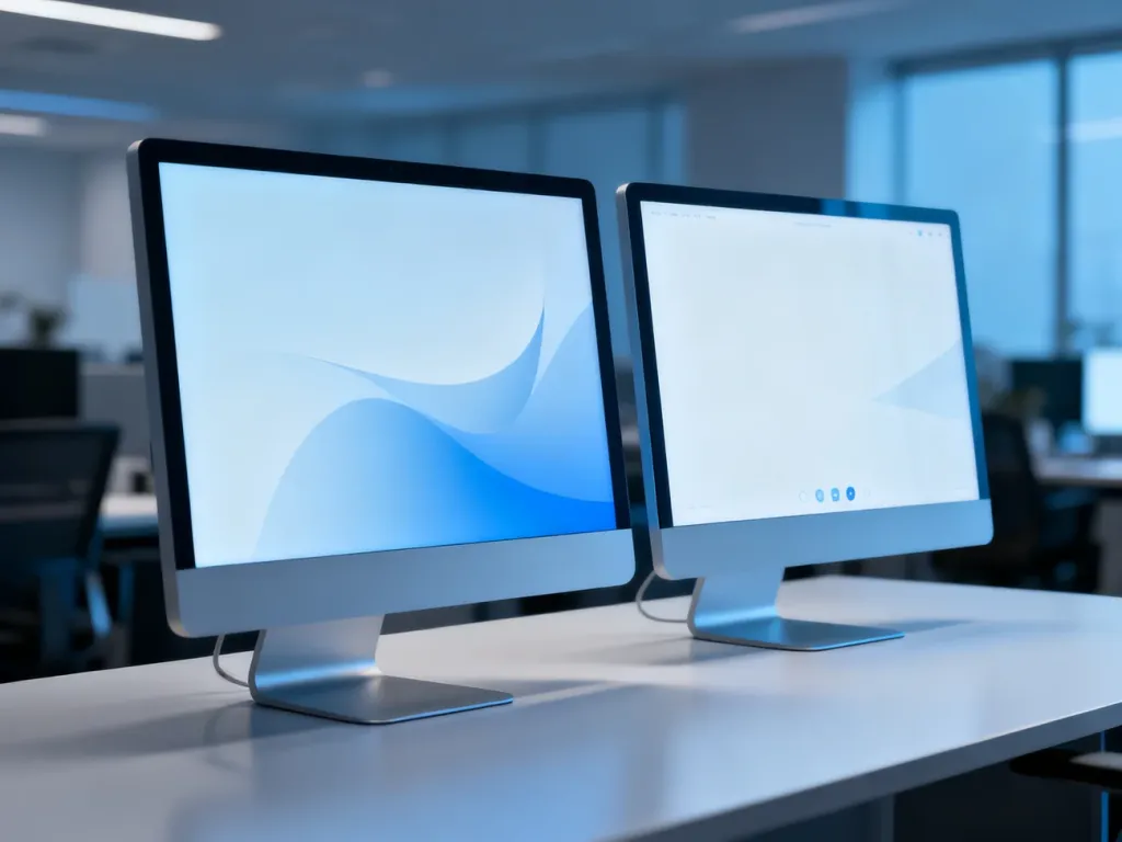 Dwa nowoczesne monitory prezentujące różnice w interfejsie między standardową wersją Windows 11 a edycją N.