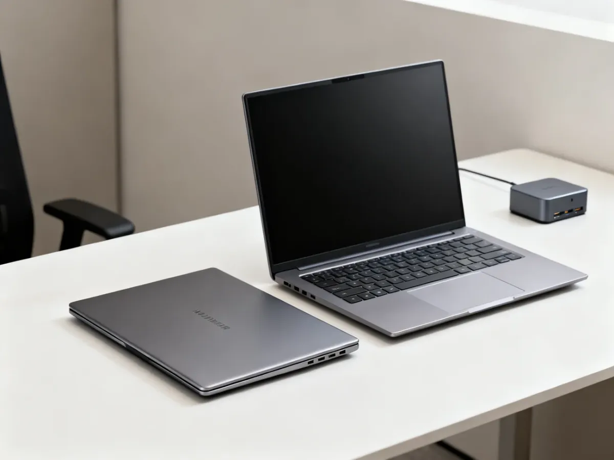 Smukły ultrabook zestawiony z większym klasycznym laptopem na biurku
