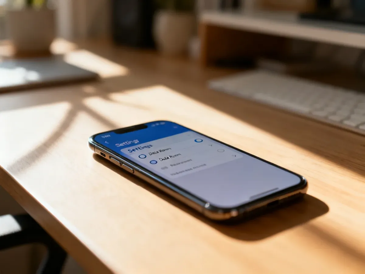 Smartfon leżący na biurku z otwartym menu ustawień, na którym widoczny jest przełącznik roamingu danych.