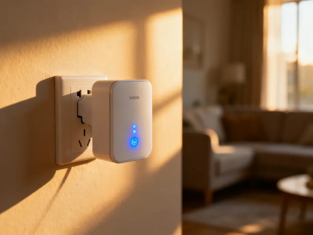 Biały wzmacniacz sygnału Wi-Fi TP-Link wpięty do gniazdka z aktywnymi niebieskimi diodami sygnalizującymi zasięg.