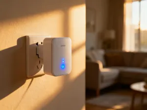 Nowoczesny powerbank na drewnianym biurku, gotowy do ładowania urządzeń mobilnych w domowym biurze.