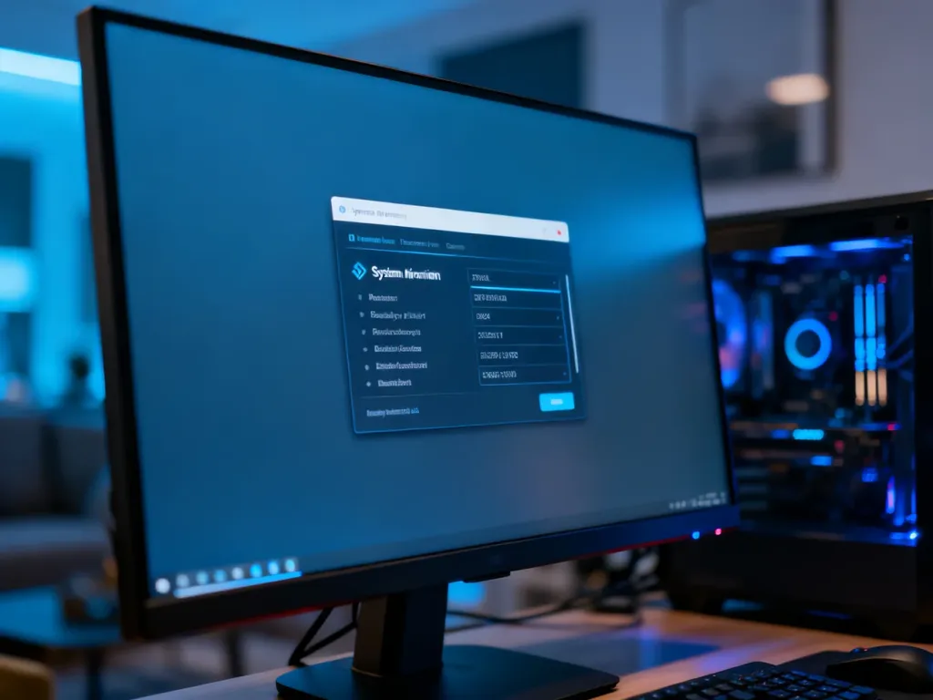 Ekran monitora wyświetlający okno z informacjami o systemie operacyjnym komputera w nowoczesnym biurze.
