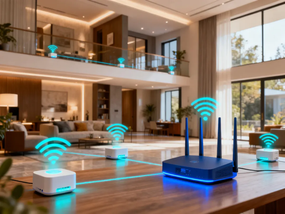 System Wi-Fi mesh z routerem głównym i satelitami rozmieszczonymi w całym domu