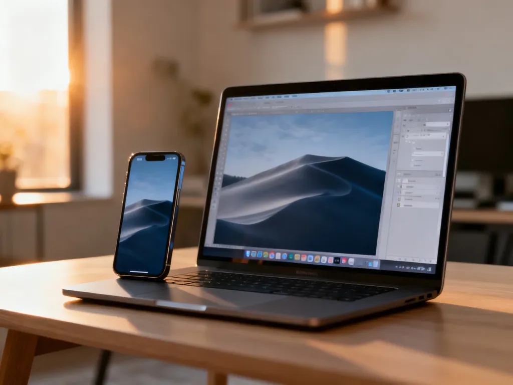 Laptop i smartfon na biurku, prezentujące płynną współpracę urządzeń w ramach funkcji Multi Control.