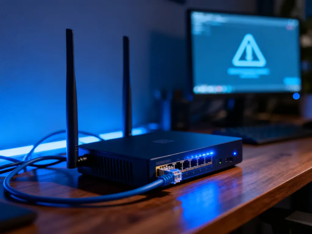 Nowoczesny router z kablami sieciowymi w tle z rozmytym komunikatem o błędzie sieci na monitorze.