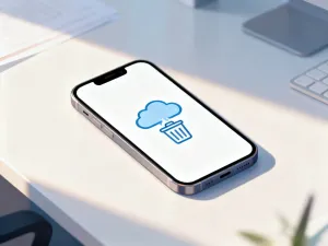 Wyłączony smartfon leżący na drewnianym biurku w wieczornym świetle.