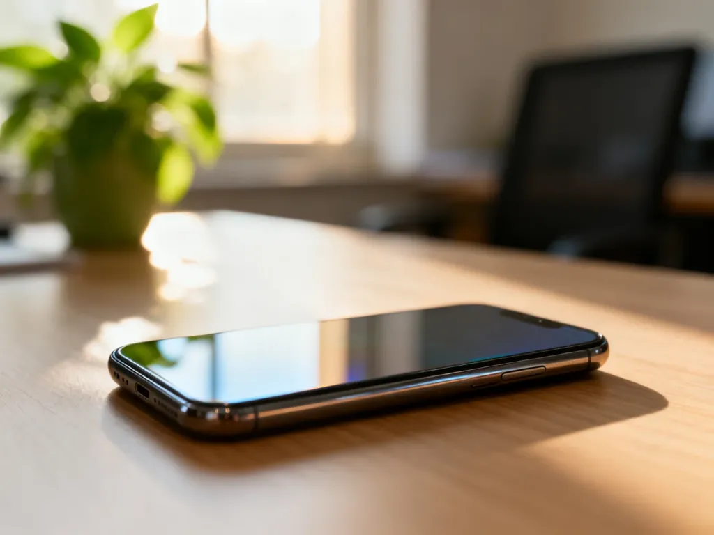 Nowoczesny smartfon leżący na minimalistycznym biurku w jasnym, domowym biurze.