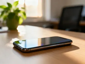 Dwa nowoczesne smartfony leżące obok siebie na biurku, symbolizujące porównanie systemów operacyjnych iPhone i Android.
