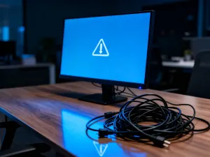 Nowoczesny router z podświetlanymi diodami na drewnianym biurku, symbolizujący działanie domowej sieci komputerowej.