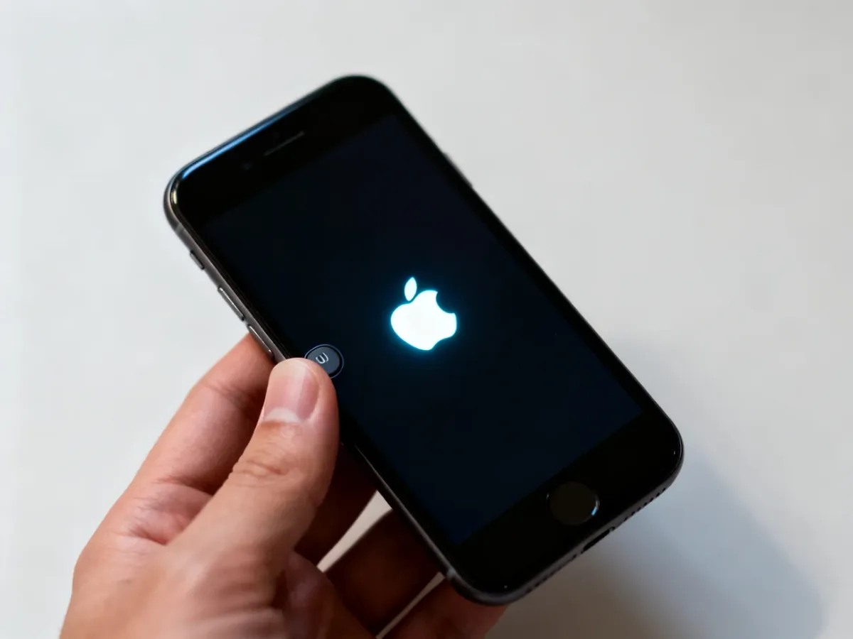Dłoń naciskająca boczny przycisk iPhone’a podczas uruchamiania