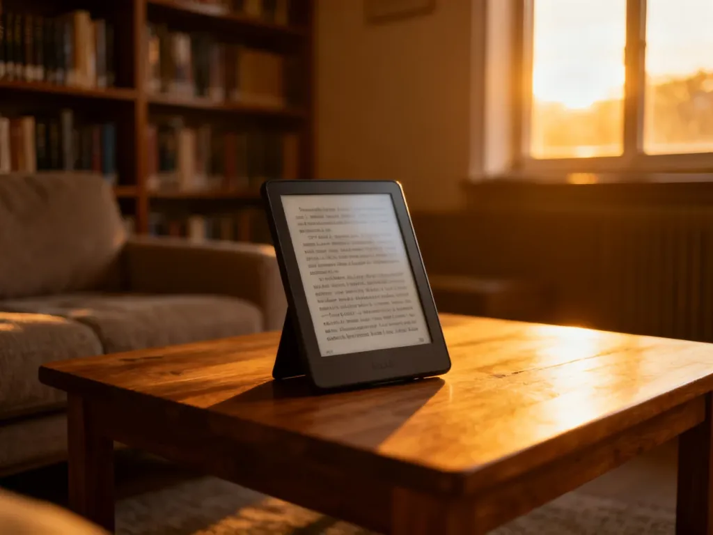 Nowoczesny czytnik ebooków z wyraźnym tekstem na ekranie, leżący na drewnianym stoliku w przytulnym, domowym wnętrzu.