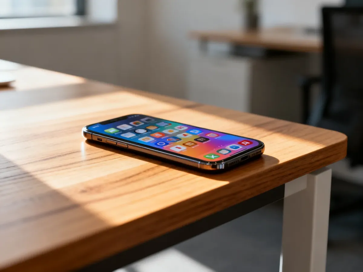 Nowoczesny smartfon z siatką ikon aplikacji na ekranie, leżący na drewnianym biurku w jasnym biurowym wnętrzu.
