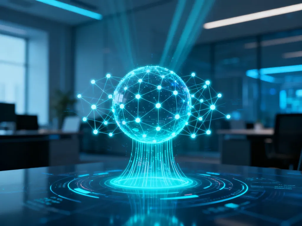 Futurystyczna wizualizacja sztucznej inteligencji z cyfrową siecią neuronową i hologramem w nowoczesnym biurze.