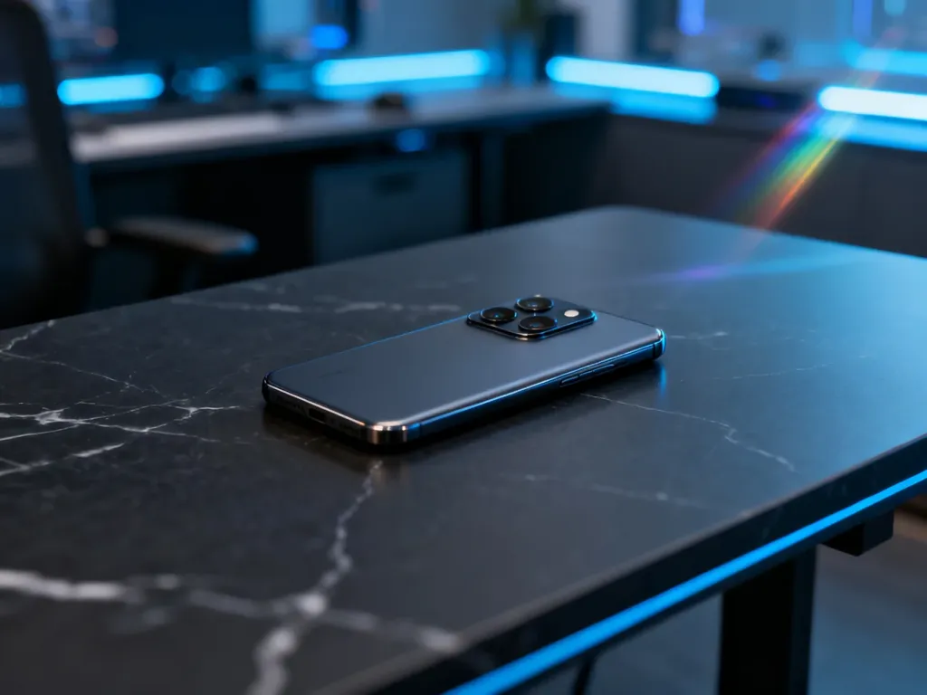 Nowoczesny smartfon leżący na marmurowym blacie w otoczeniu profesjonalnego stanowiska pracy z niebieskim oświetleniem.