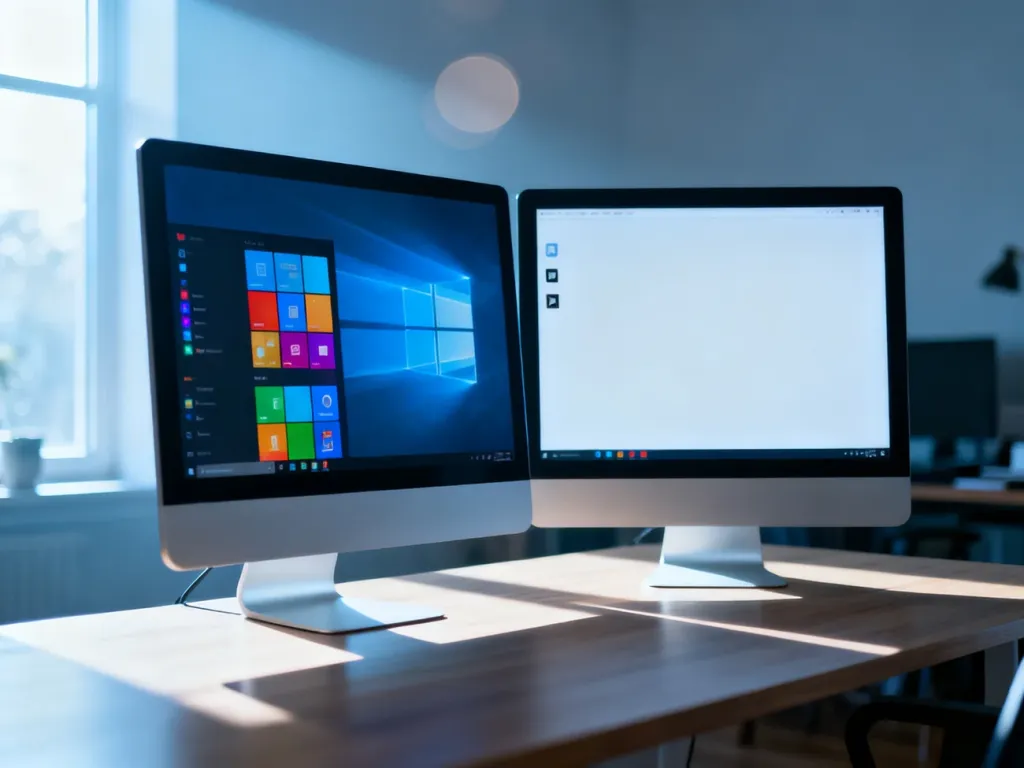 Dwa monitory na biurku prezentujące różnice w interfejsie systemów Windows 11 Home oraz wersji N.