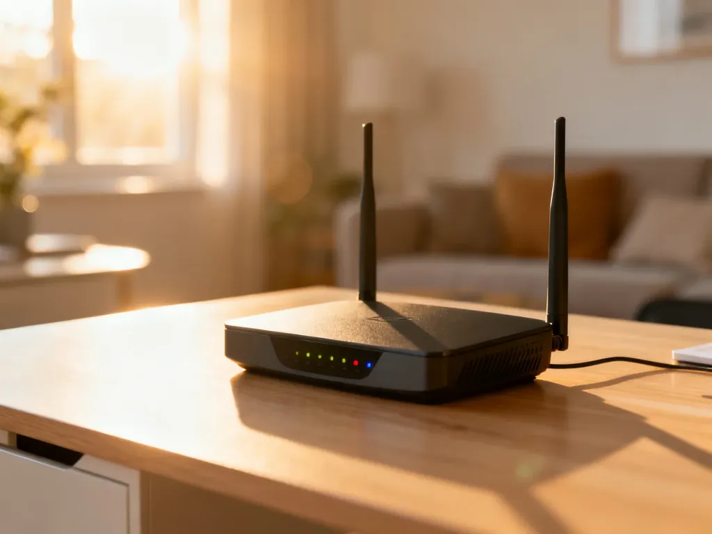 Nowoczesny router bezprzewodowy na drewnianym biurku w jasnym domowym biurze.