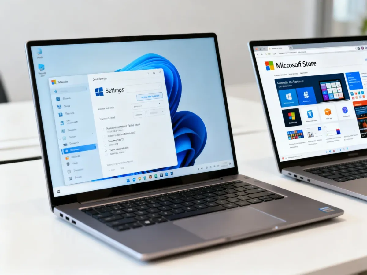 Laptop pokazujący ustawienia Windows 11 i Microsoft Store