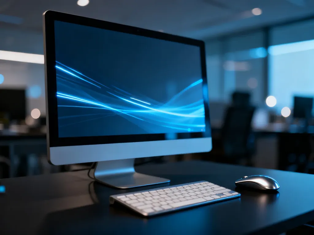 Nowoczesne stanowisko komputerowe z podświetlanym monitorem, symbolizujące zaawansowane środowisko pracy w systemie Windows 11.