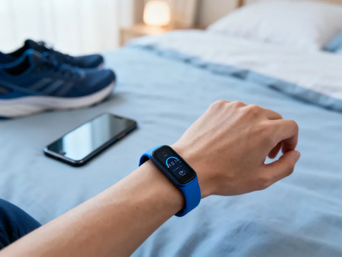 Smartband na nadgarstku obok smartfona i akcesoriów sportowych