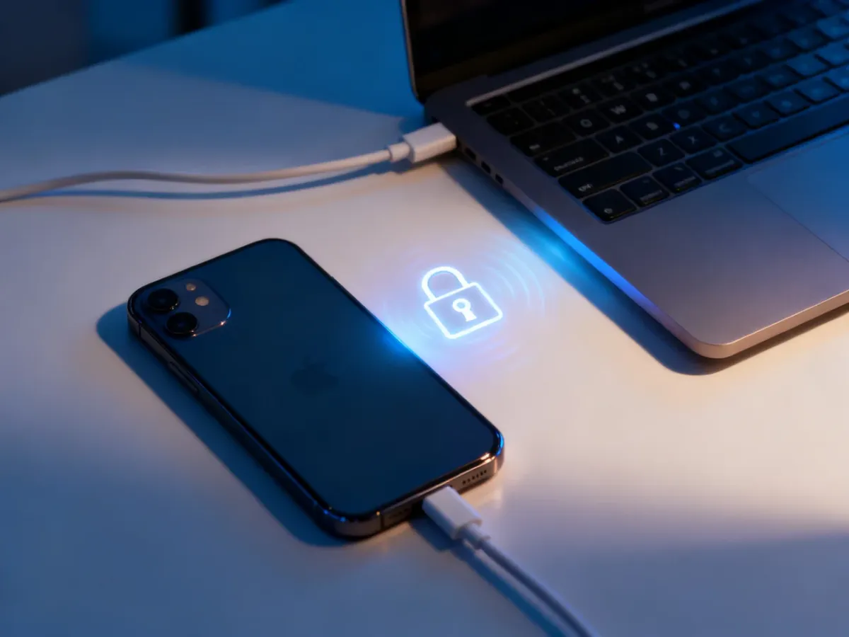 iPhone podłączony do laptopa podczas tworzenia zaszyfrowanej kopii zapasowej