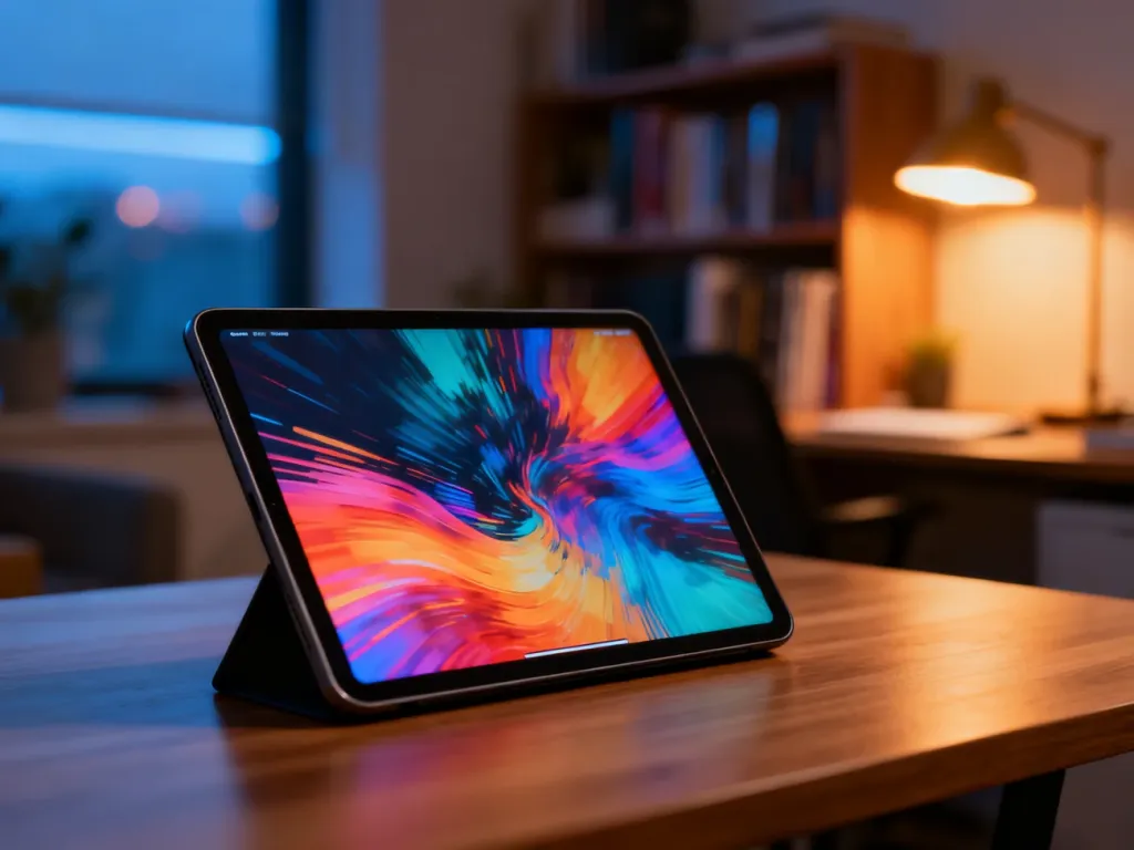 Nowoczesny tablet z kolorową grafiką na ekranie, ustawiony na biurku w przytulnym domowym biurze.