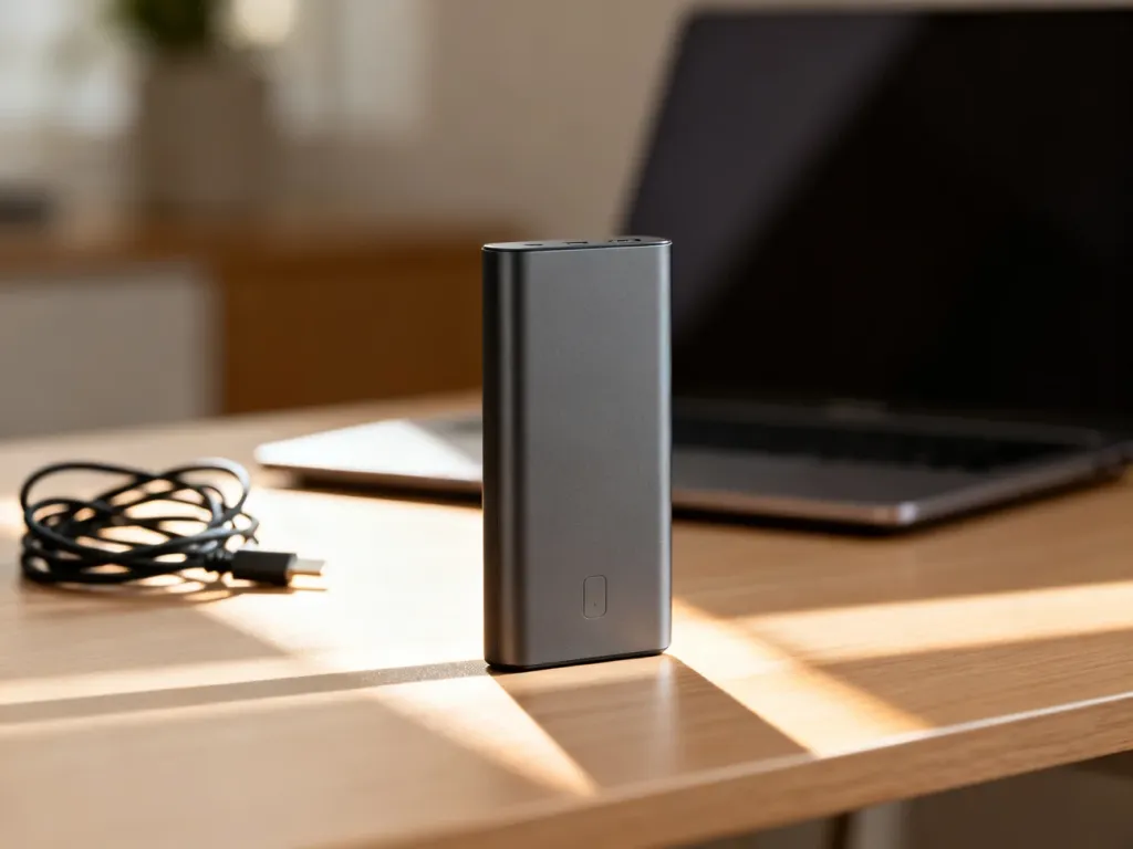 Nowoczesny powerbank na drewnianym biurku, gotowy do ładowania urządzeń mobilnych w domowym biurze.