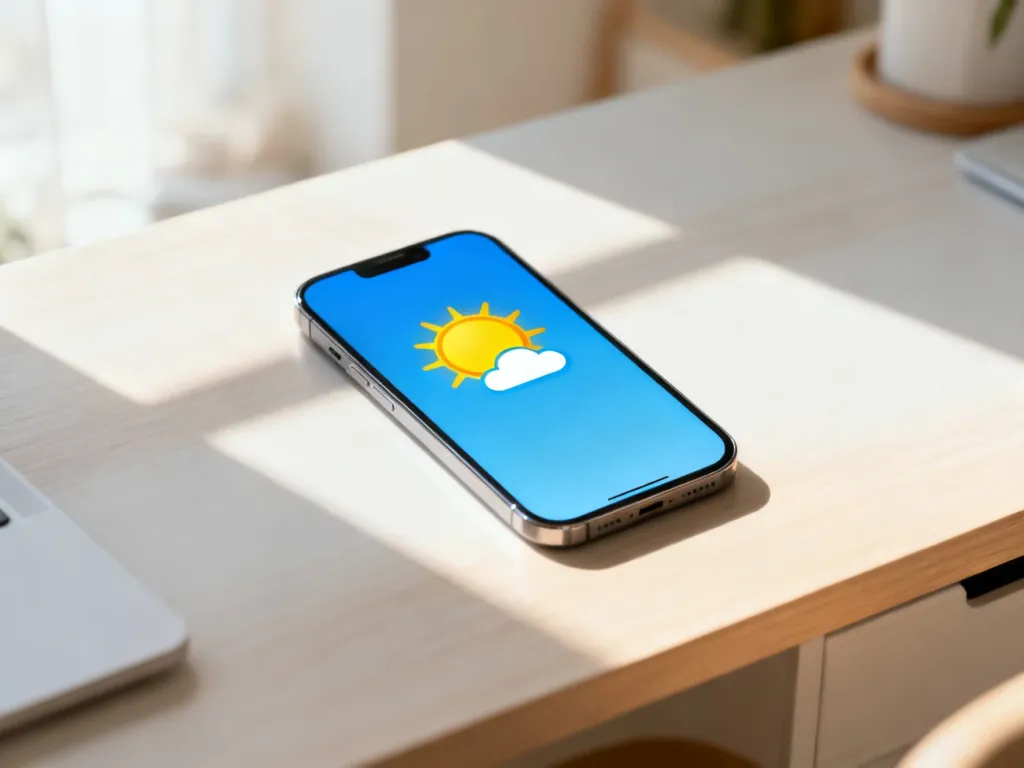 Nowoczesny smartfon z ikoną słonecznej pogody na ekranie, leżący na jasnym biurku w przytulnym domowym biurze.