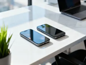 Dwa nowoczesne smartfony z systemami iOS i Android zestawione obok siebie na minimalistycznym tle.