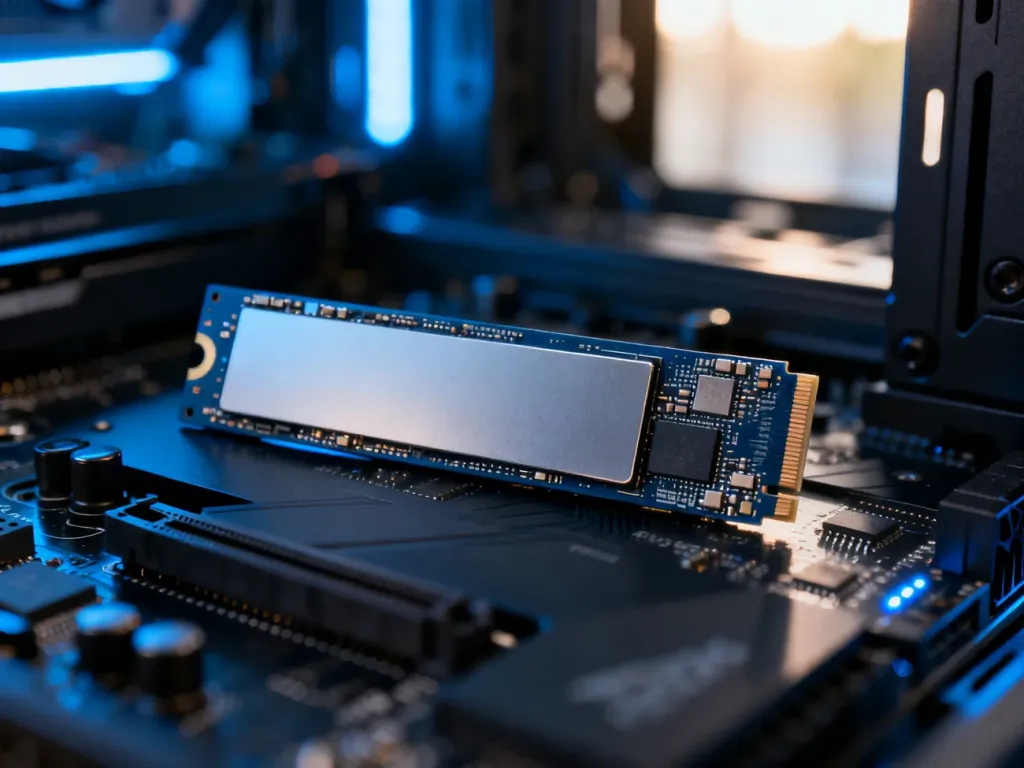 Nowoczesny dysk SSD NVMe umieszczony na płycie głównej komputera w otoczeniu niebieskiego podświetlenia LED.